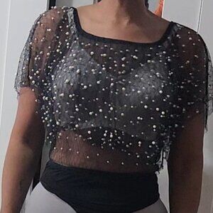 Unique Black White Mesh Pearl Bodysuit Size M